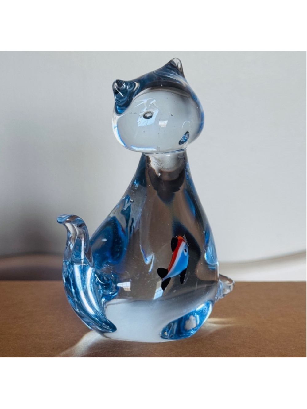 22. Hand Blown Art Glass Cat Figurine with Encased Fish | Studio Glass Decor
